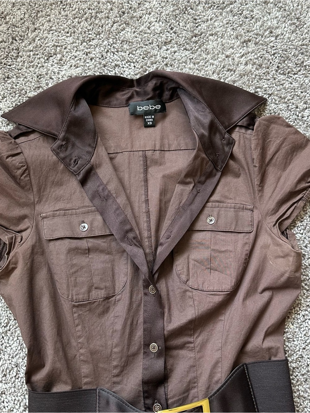 bebe Brown Utility Shirt Mini Dress with Black Belt and Gold Buckle - Picture 4 of 6